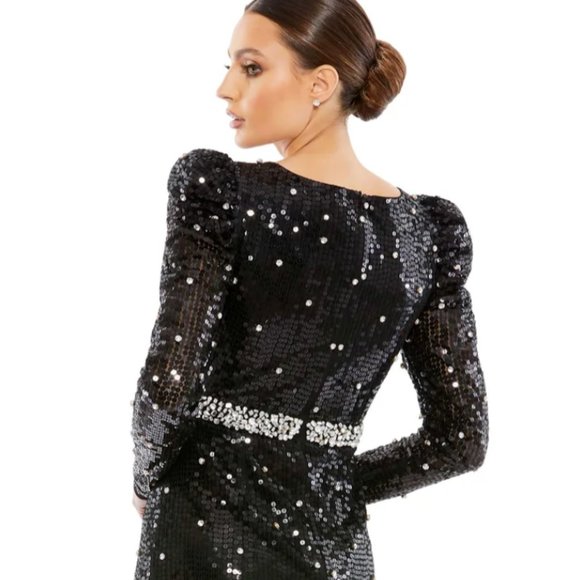 MAC DUGGAL 10736 SEQUINED FAUX WRAP PUFF SLEEVE TRUMPET BLACK GOWN sz 14 - Picture 4 of 8